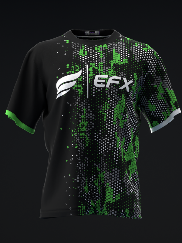 Black bowling jersey with neon green pixelated hexagon pattern and white EFX logo
