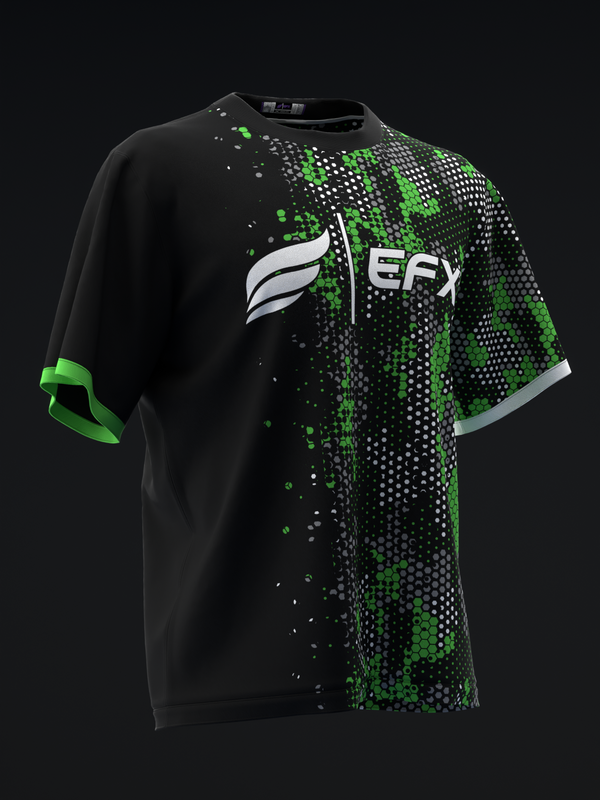 Black bowling jersey with green pixelated hexagon pattern and EFX logo