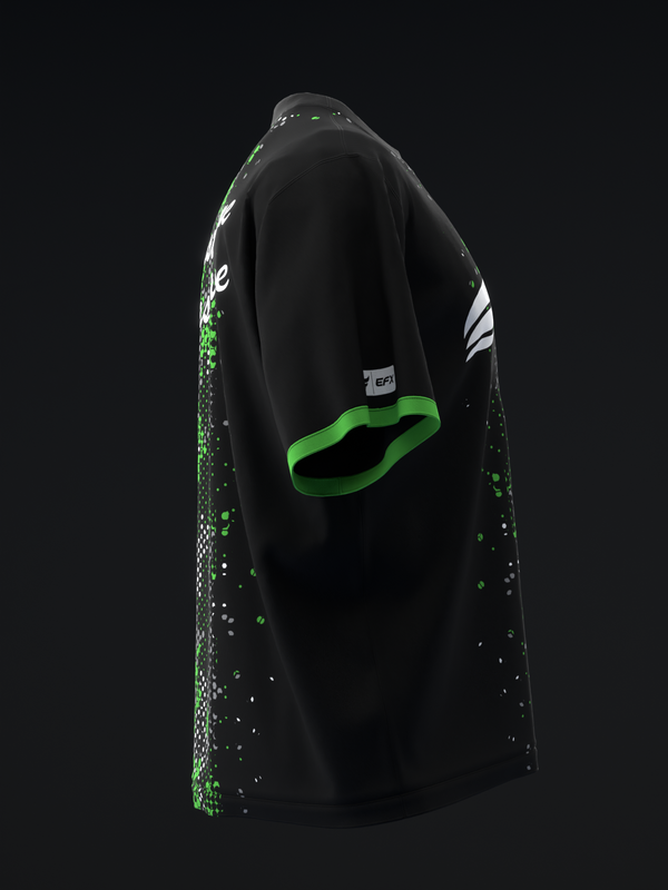 Black bowling jersey with neon green and white accents, shown from side view
