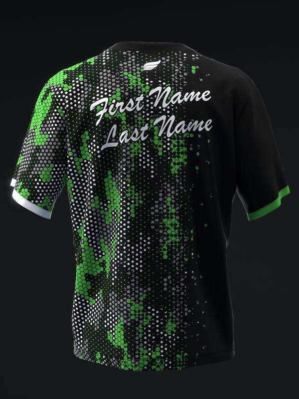 Black bowling jersey with green and white hexagonal dot pattern and personalized name text on back