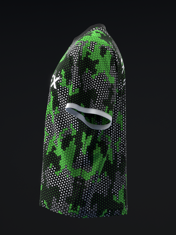 Black and green pixelated bowling jersey with white logo detail, side view
