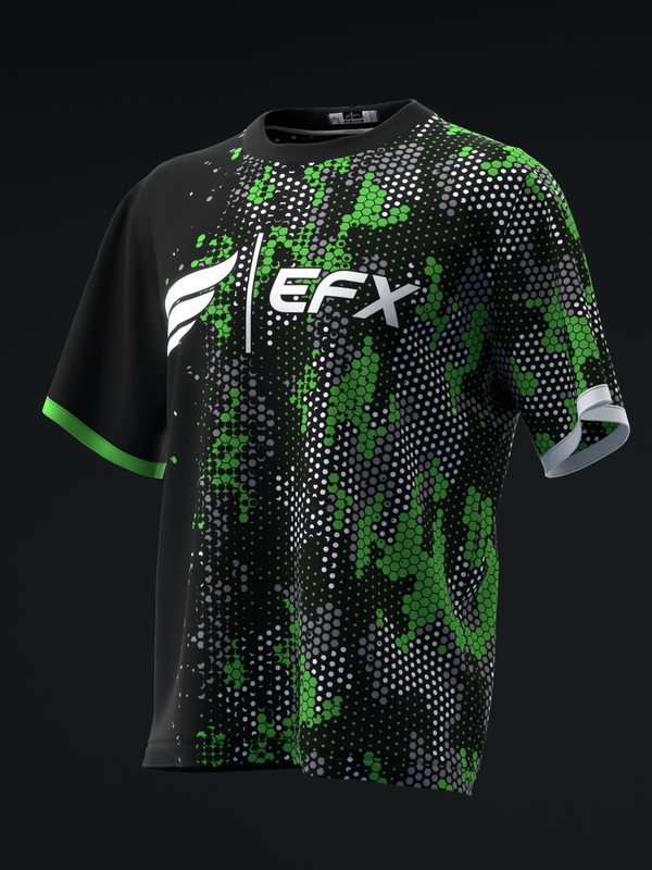 Black bowling jersey with green and white hexagonal dot pattern design and EFX logo