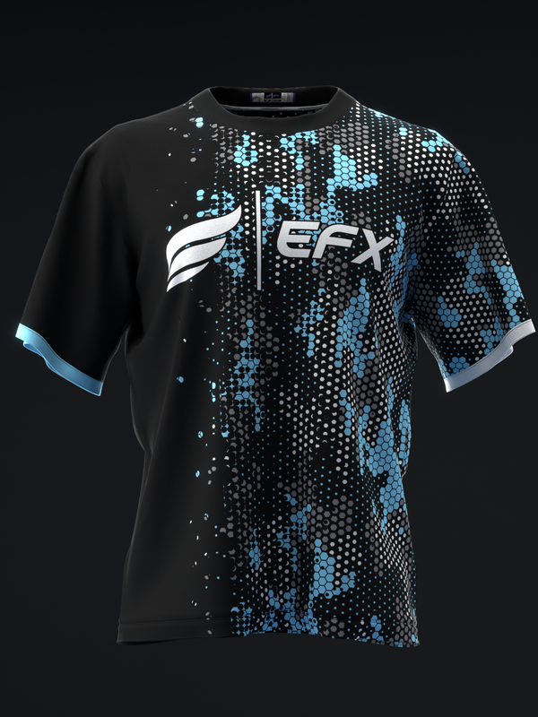 Black bowling jersey with cyan pixelated hexagon pattern and EFX logo, front view