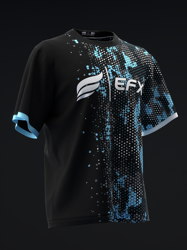 Black bowling jersey with cyan pixelated pattern and white logo on front