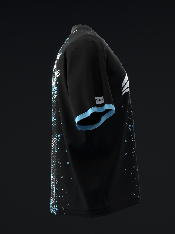 Black bowling jersey with blue sequin pattern and light blue trim detail, side view
