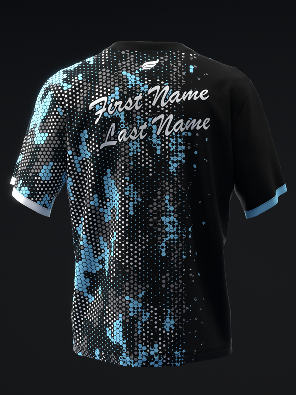 Black bowling jersey with blue hexagon pattern and personalized name text on back