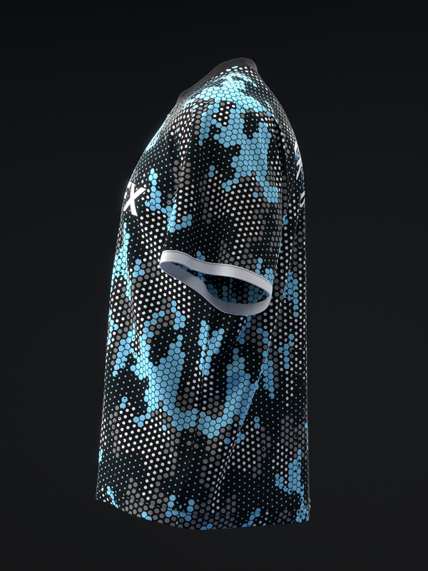 Black and light blue pixelated bowling jersey, side view angle