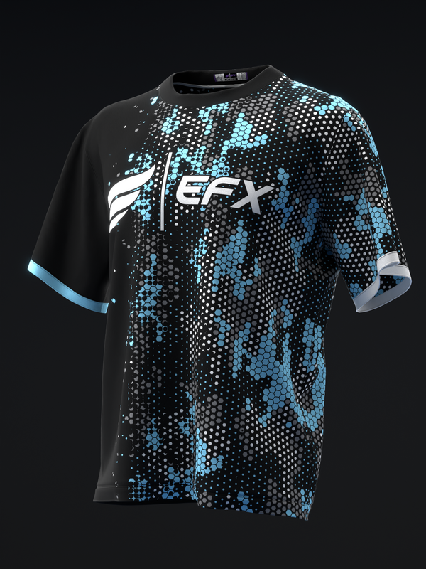 Black bowling jersey with cyan pixelated hexagon pattern and white EFX logo