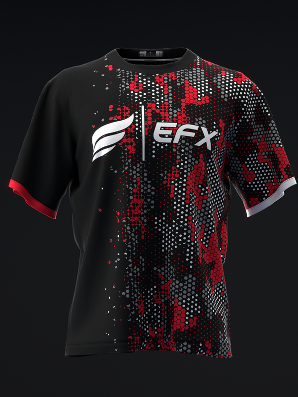 Black bowling jersey with red and white pixelated hexagon pattern and EFX logo