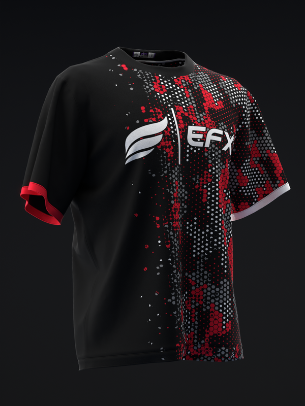 Black bowling jersey with red and white pixelated geometric pattern on front