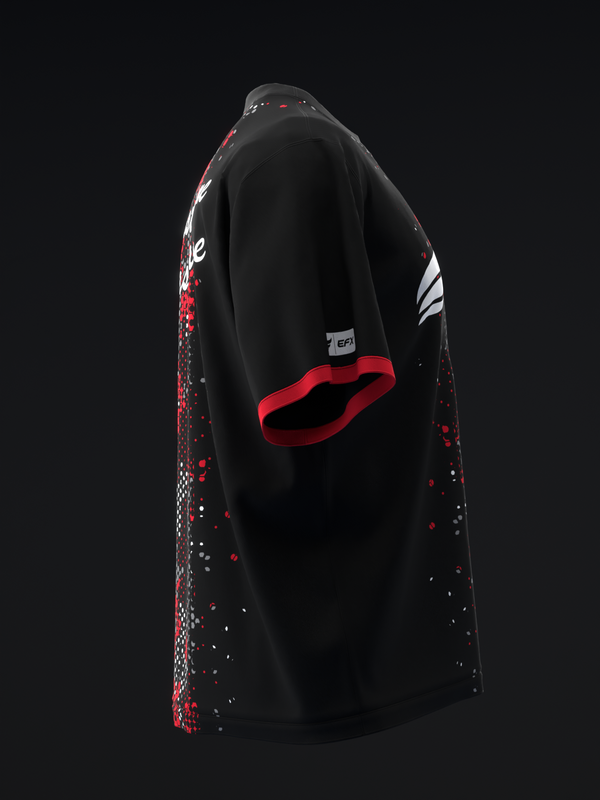 Black bowling jersey with red and white pixelated side panel design, three-quarter view