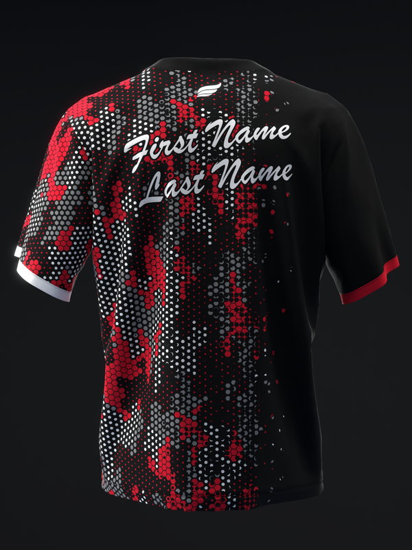 Black bowling jersey with red and white pixelated hexagon pattern and personalization text