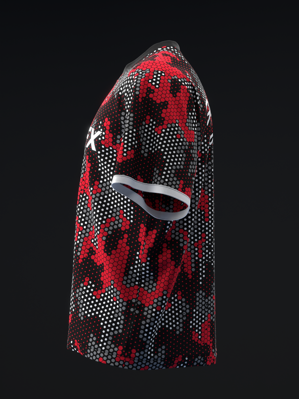 Black and red pixelated bowling jersey with white accent stripe detail