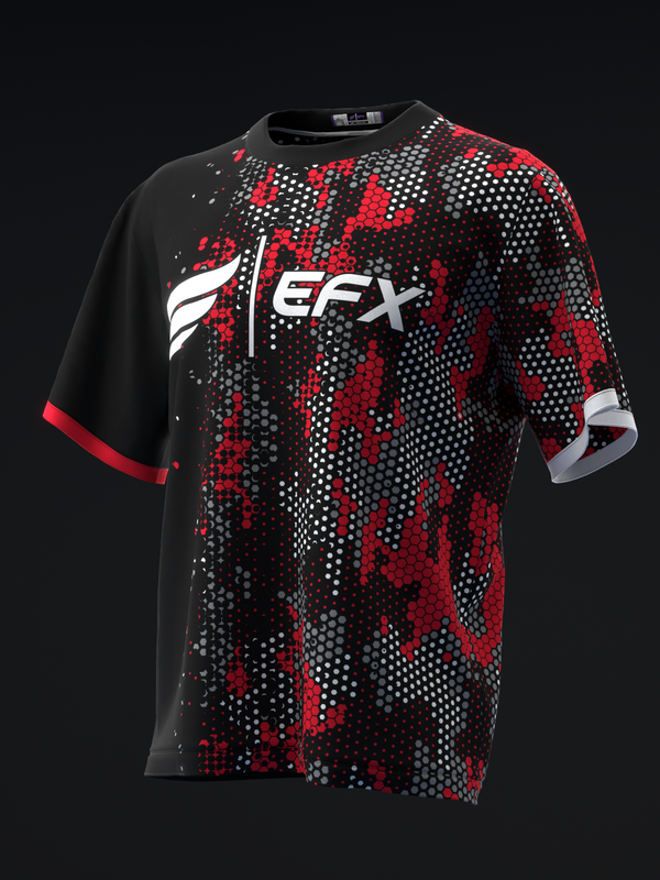 Black bowling jersey with red and white pixelated hexagon pattern and EFX logo