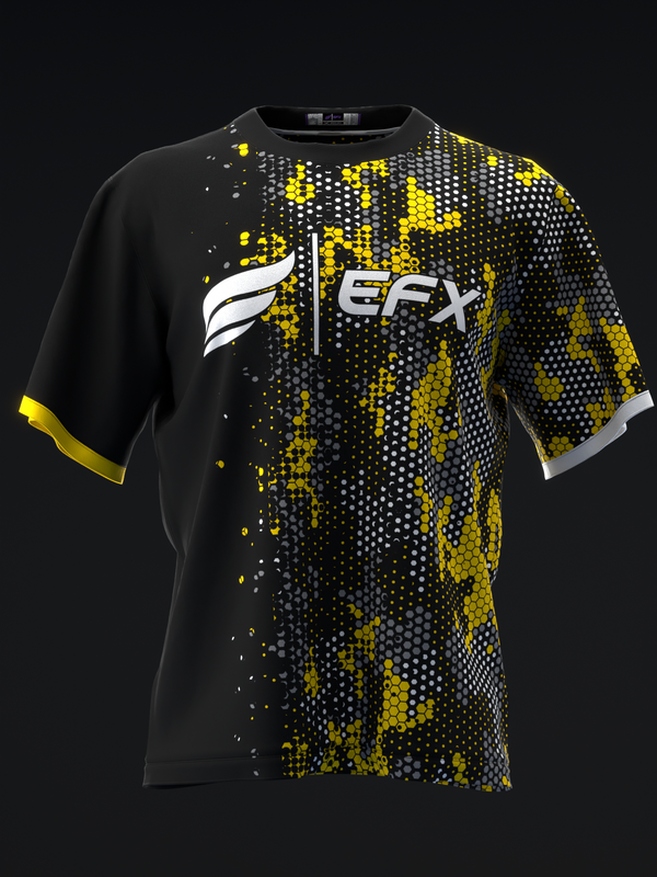 Black bowling jersey with yellow pixelated hexagon pattern and EFX logo