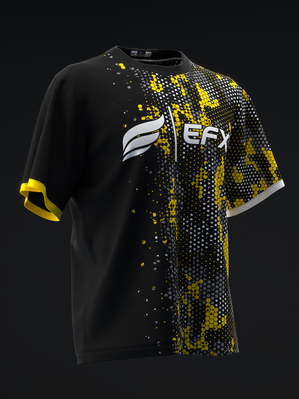 Black bowling jersey with yellow pixelated hexagon pattern and EFX logo, front view