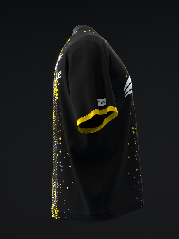 Black bowling jersey with yellow and white pixelated side design, back view