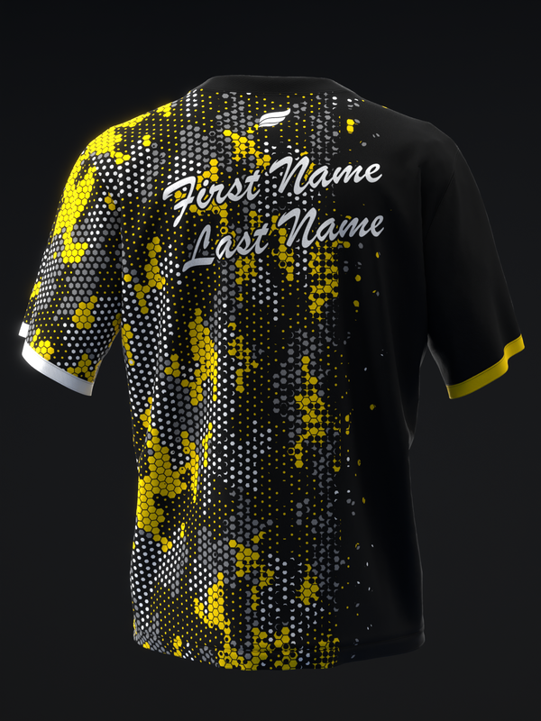 Black bowling jersey with yellow and white pixelated dot pattern, personalized name text