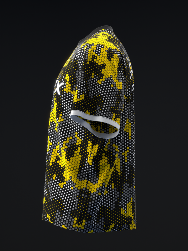 Black and yellow pixelated bowling jersey with white accents, side view