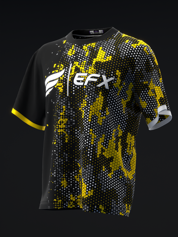 Black bowling jersey with yellow hexagonal pixelated pattern and EFX logo