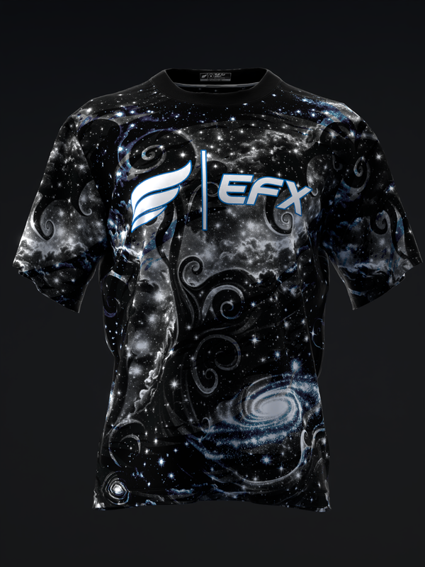 Black bowling jersey with galaxy and spiral design, EFX logo front center