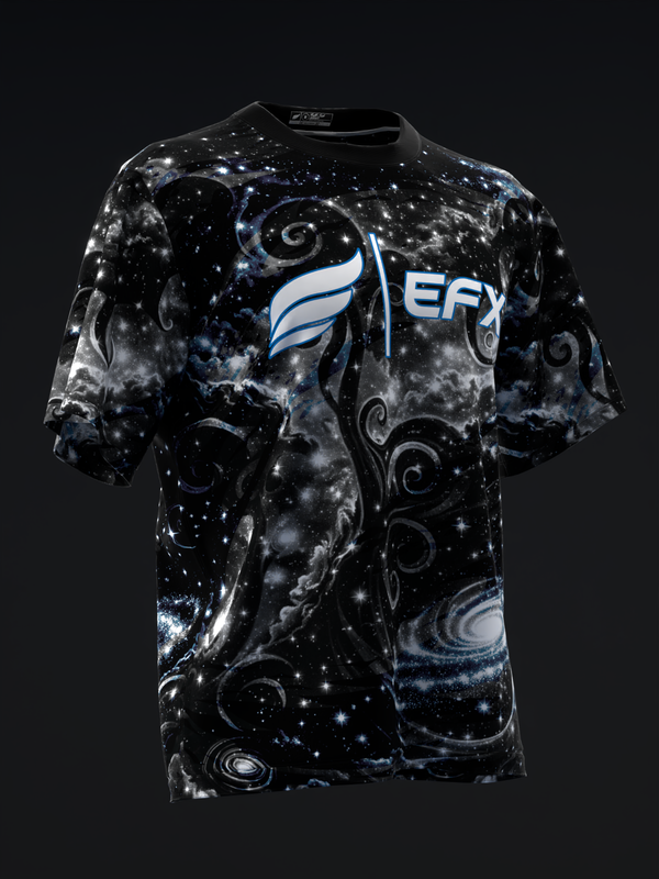 Black bowling jersey with blue EFX logo and cosmic galaxy swirl pattern, front view