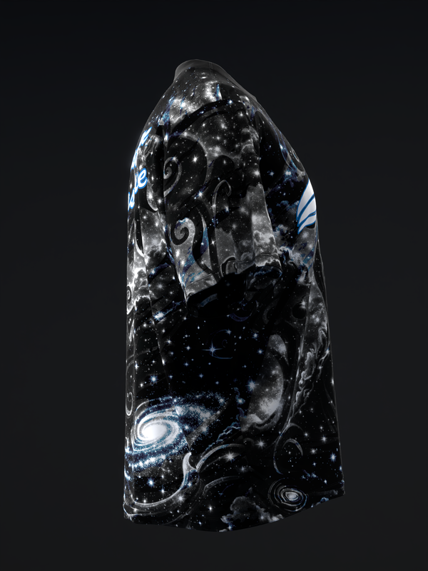 Black bowling jersey with blue and white cosmic galaxy pattern and spiral designs