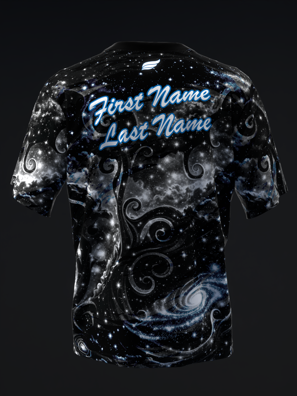 Black bowling jersey with cosmic galaxy pattern and blue script text on back