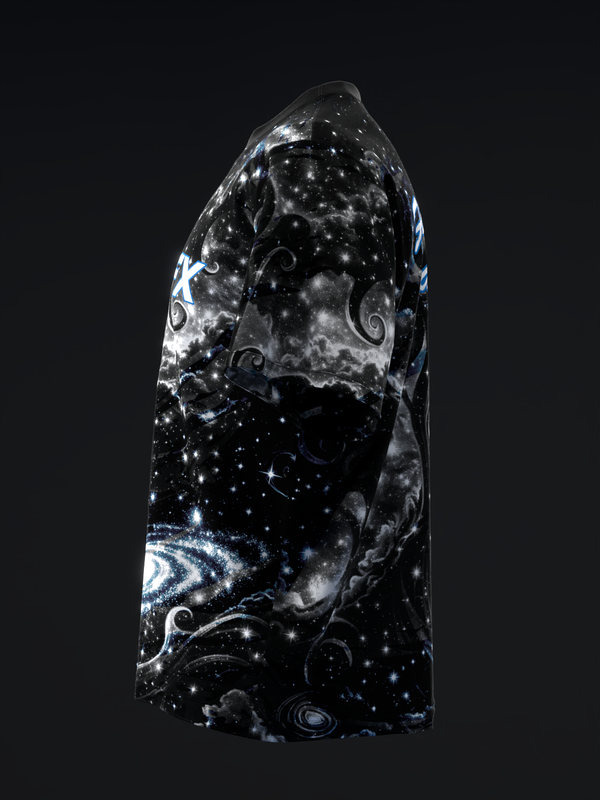 Black bowling jersey with cosmic galaxy and swirl pattern design, side view
