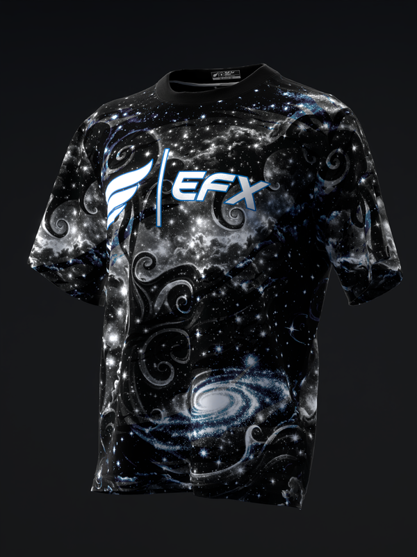 Black bowling jersey with galaxy and spiral design, EFX logo front view