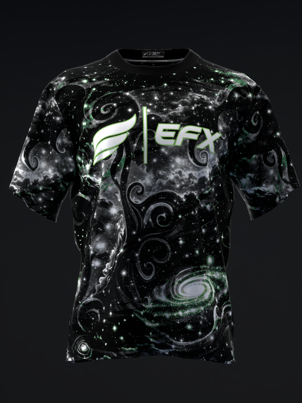 Black bowling jersey with galaxy and swirl design, green EFX logo, front view