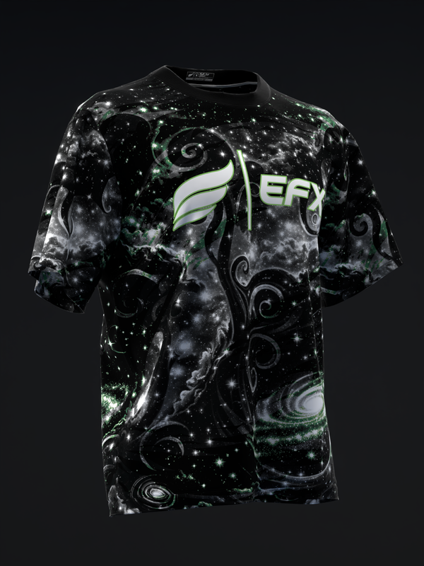 Black bowling jersey with cosmic galaxy print and green EFX logo, front view