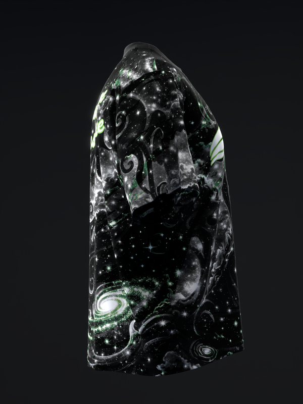 Black bowling jersey with cosmic and spiral galaxy design in white and green