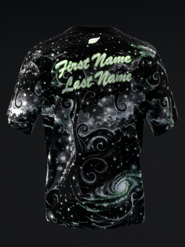 Black bowling jersey with cosmic galaxy pattern and green swirl designs, back view