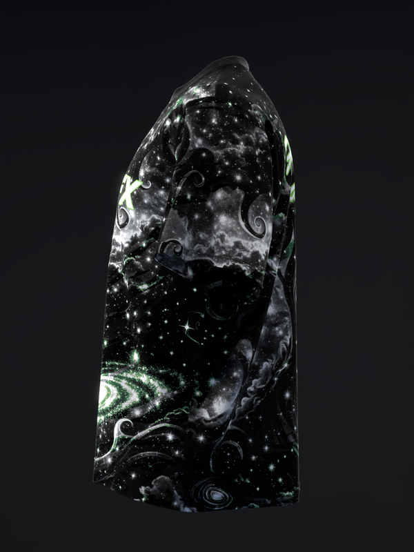 Black bowling jersey with cosmic galaxy and swirl pattern design, side view