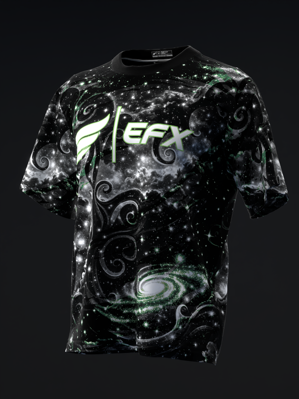 Black bowling jersey with celestial galaxy pattern and neon green logo detail, front view