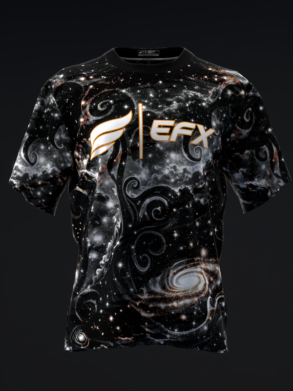 Black bowling jersey with cosmic galaxy and spiral pattern design, front view