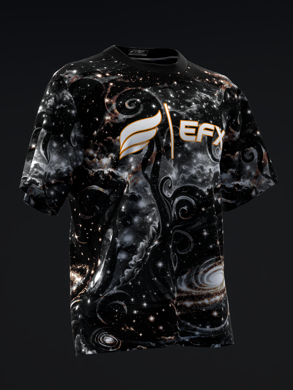 Black bowling jersey with cosmic galaxy pattern and golden EFX logo, front view