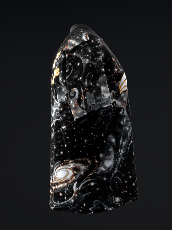 Black bowling jersey with cosmic galaxy and spiral design pattern