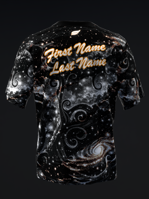 Black bowling jersey with galaxy pattern and gold personalized name text, back view