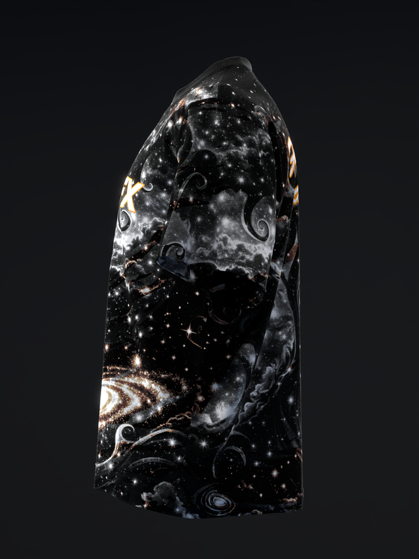 Black bowling jersey with celestial and spiral galaxy graphic design throughout