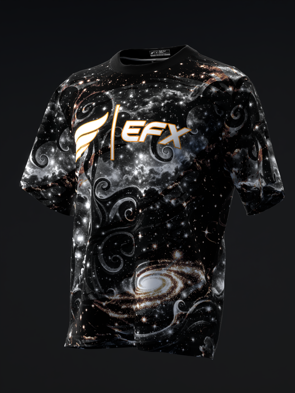Black bowling jersey with gold EFX logo and cosmic galaxy swirl pattern design, front view