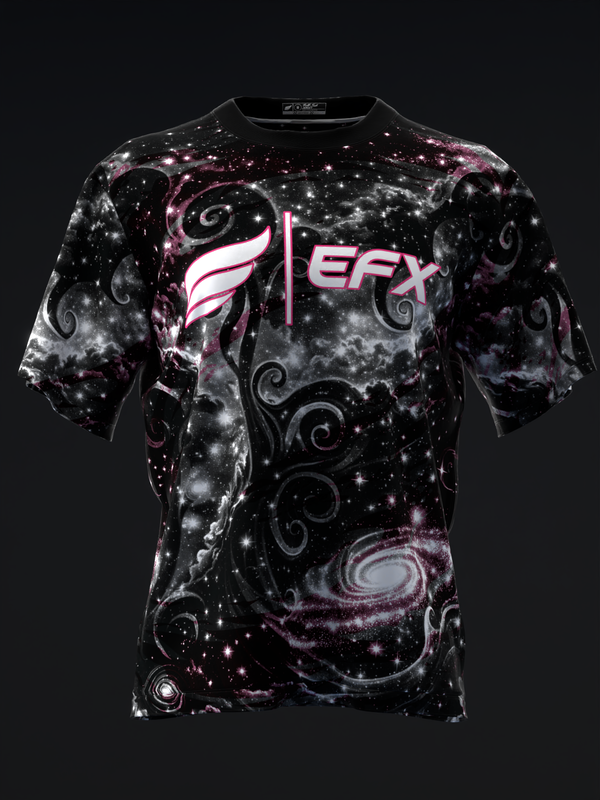Black bowling jersey with pink EFX logo and galaxy swirl pattern, front view