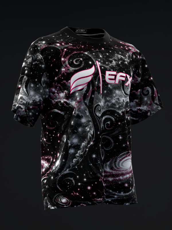 Black bowling jersey with cosmic galaxy pattern, pink accents, and EFX logo, front view