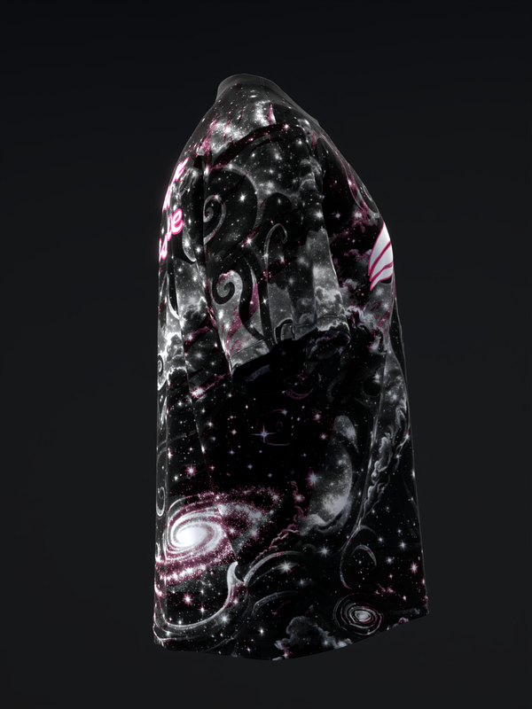 Black bowling jersey with pink spiral and cosmic galaxy design pattern