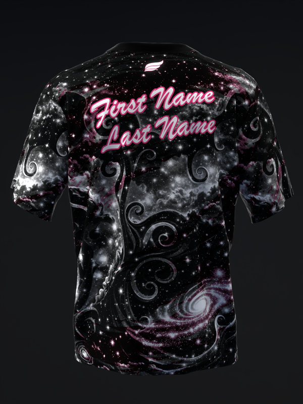 Black bowling jersey with cosmic galaxy pattern and pink swirl designs, back view