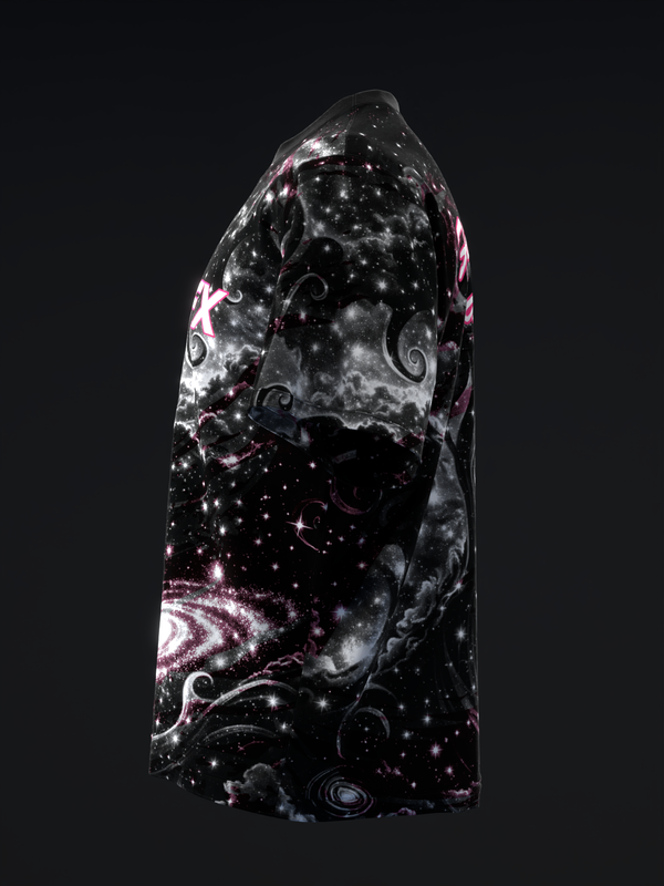 Black bowling jersey with cosmic and spiral galaxy design in pink and white
