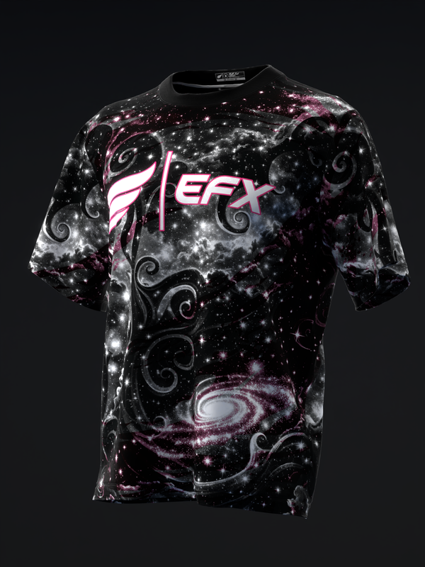 Black bowling jersey with galaxy and spiral design, pink EFX logo, front view