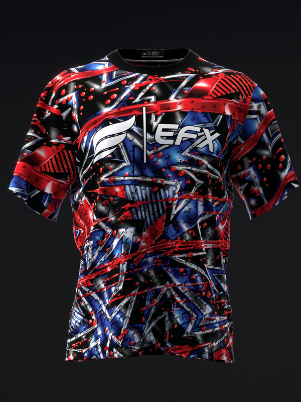 Black bowling jersey with red, blue, and white abstract geometric pattern and EFX logo