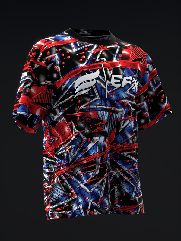 Red, white, and blue bowling jersey with abstract geometric pattern and EFX logo